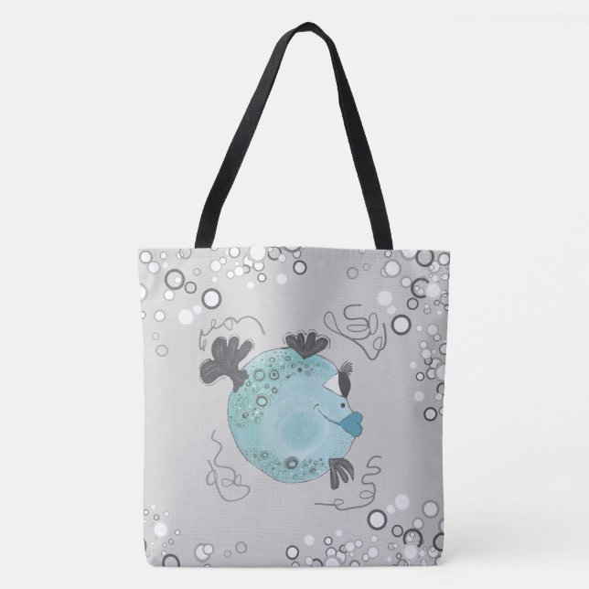 Whimsical and Adorable Fish Art Teal Tote Bag (Front)