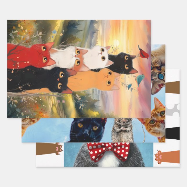 Whimsical and Colourful Cat Assortment Wrapping Paper Sheet (Set)