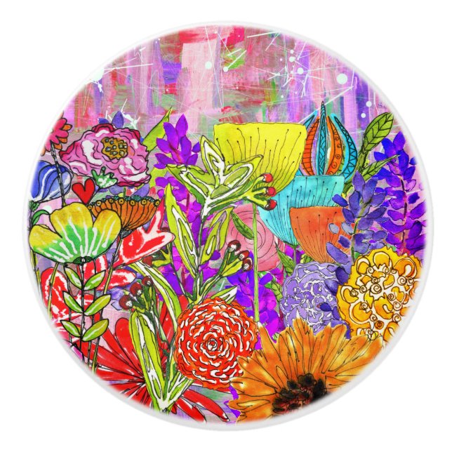 Whimsical and Colourful Flower Assortment Door Kno Ceramic Knob (Front)