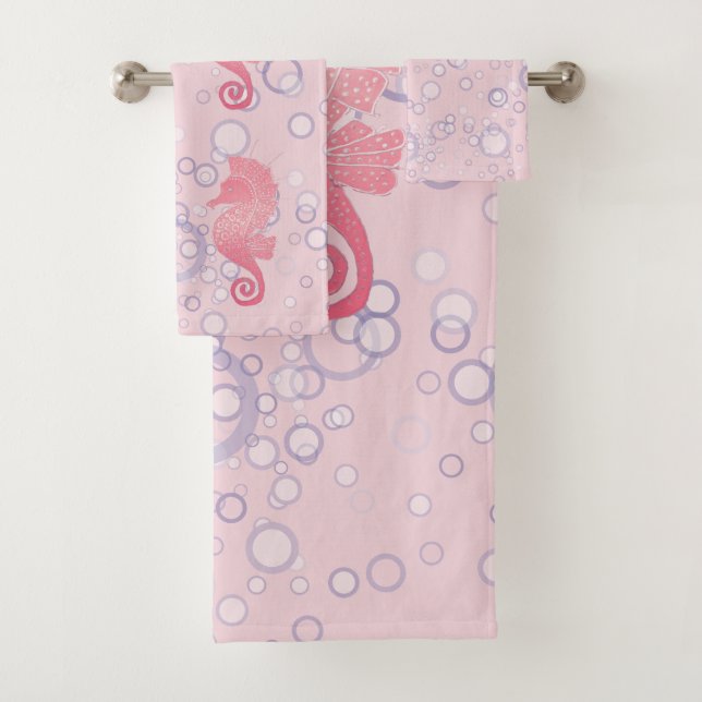 Whimsical and Cute Seahorse Artwork Bath Towel Set (Insitu)