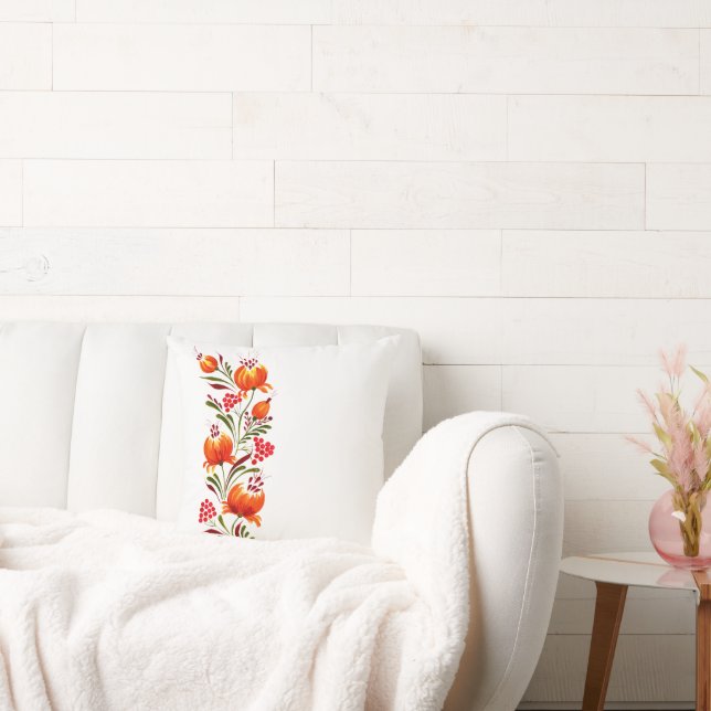 Whimsical and elegant orange flowers and berries  cushion (Couch)