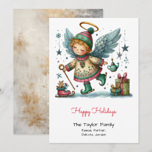 Whimsical Angel on Ice Skates Illustration Red Holiday Card