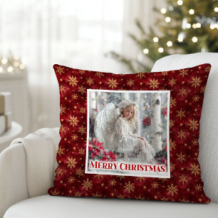 Whimsical Angel Poinsettia Red Gold Best Christmas Cushion