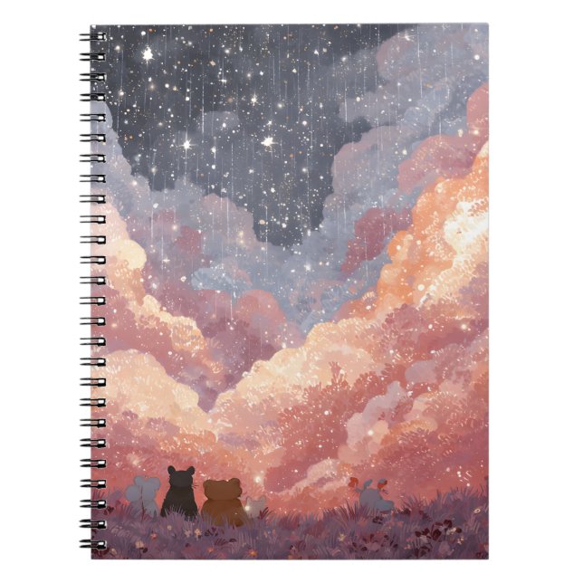 Whimsical Animal Friends Under Starry Sunset Sky A Notebook (Front)