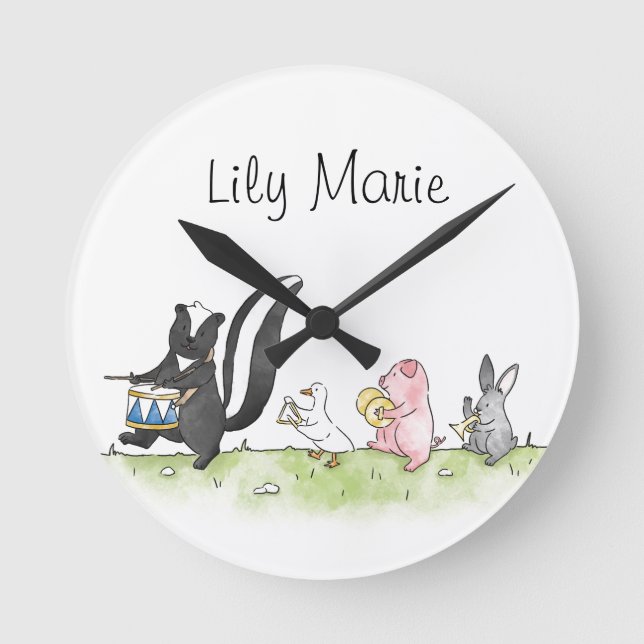 Whimsical Animals Marching Band Personalised  Round Clock (Front)