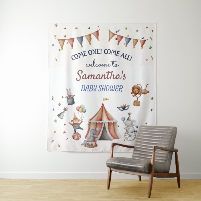 Whimsical AnimalsCircus Party Baby Shower Backdrop Tapestry (In Situ)