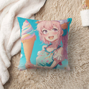 Whimsical Anime Girl with Ice Cream Cone Cushion