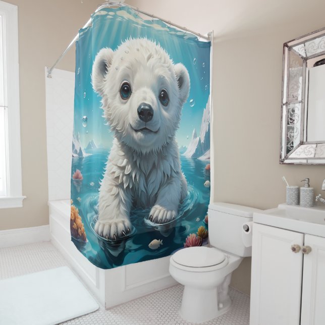 Whimsical arctic polar bear bathroom shower curtain (In Situ)
