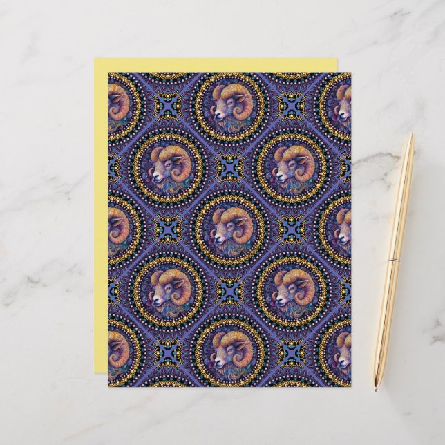 Whimsical Aries Astrology Mandala Geometric Tile (Front/Back In Situ)