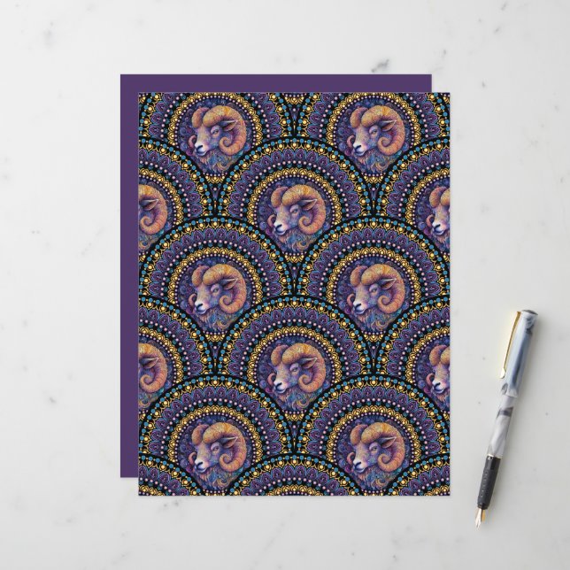 Whimsical Aries Zodiac Mandala Art Deco Scallop (Front/Back In Situ)