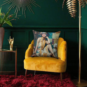 Whimsical Art Deco 1920's Flapper Girl and Poodle Cushion
