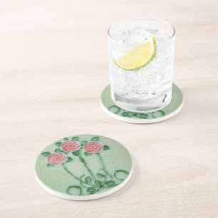 Whimsical Art Nouveau Floral Round Sandstone Coaster