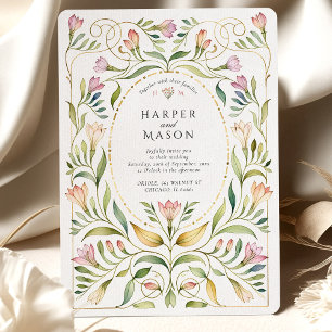 Whimsical Art Nouveau Freesias Gold Wedding Invitation