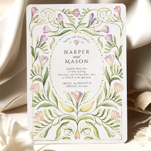 Whimsical Art Nouveau Freesias Gold Wedding Invitation