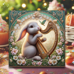 Whimsical Art Nouveau Musician Rabbit Easter  Holiday Card