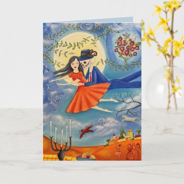 Whimsical Art Skeleton and Woman Eternal Love Card (Yellow Flower)
