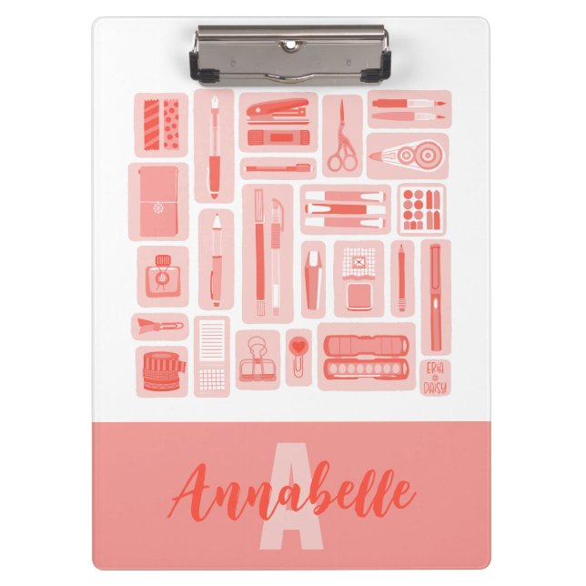 Whimsical Art Supplies Coral Red Pattern Monogram Clipboard (Front)