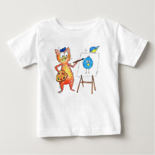 Whimsical Artist Cat Painting a Bird Baby T-Shirt