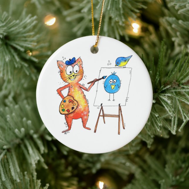 Whimsical Artist Cat Painting a Bird Ceramic Ornament (Tree)