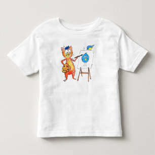 Whimsical Artist Cat Painting a Bird Toddler T-Shirt