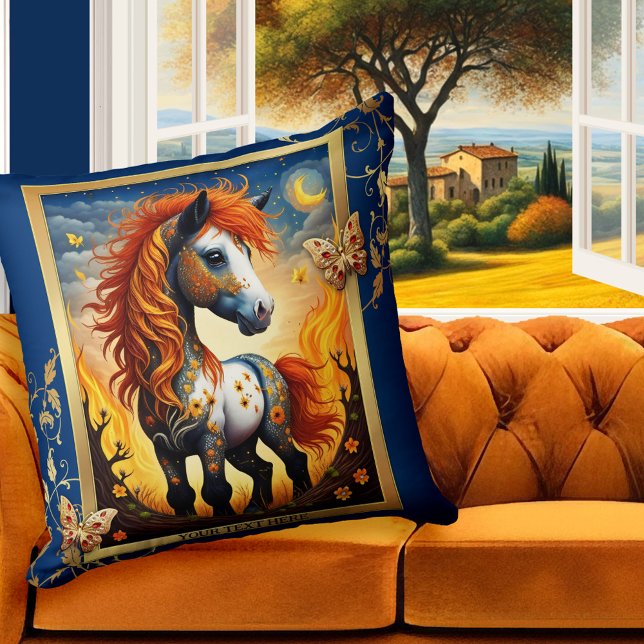 Whimsical Artistic Horse Colourful Animal  Cushion (Pillow featuring a whimsical painting of a colorful cute horse at night, with butterfly friends)