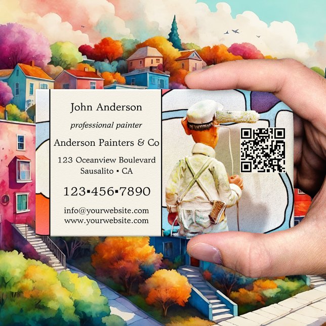 Whimsical Artistic Painter Business Card (Artistic design business card featuring an image of a painter at work - with QR code template)