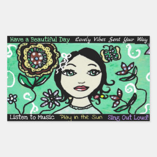 Whimsical Artsy Girl Flowers and Colourful Rectangular Sticker