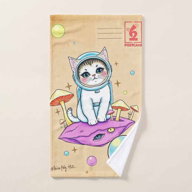 Whimsical Astro Cat Retro Hand Towel (Hand Towel)