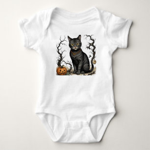 Whimsical Autumn Cat and Pumpkins, Halloween Cat, Baby Bodysuit