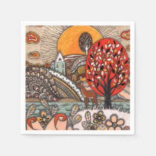 Whimsical Autumn Deer Red Tree Zentangle Landscape Napkin