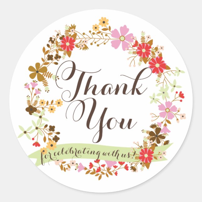 Whimsical Autumn Floral Wreath Thank You Sticker (Front)