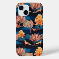 Whimsical Autumn Fox Night Forest Seamless Pattern