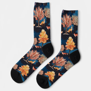 Whimsical Autumn Fox Night Forest Seamless Pattern Socks