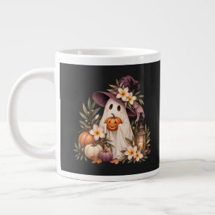 Whimsical Autumn Ghost with Pumpkins and Flowers Large Coffee Mug