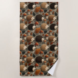 Whimsical Autumn Hedgehog & Mushroom Pattern Beach Towel
