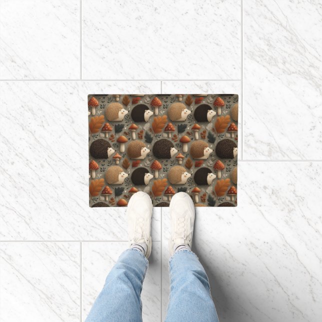 Whimsical Autumn Hedgehog & Mushroom Pattern Doormat (Indoor)