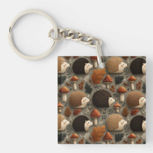 Whimsical Autumn Hedgehog & Mushroom Pattern Key Ring