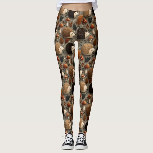 Whimsical Autumn Hedgehog & Mushroom Pattern Leggings (Front)