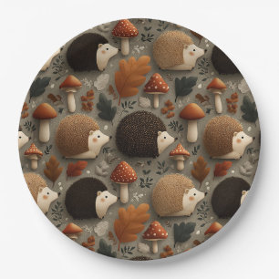 Whimsical Autumn Hedgehog & Mushroom Pattern Paper Plate