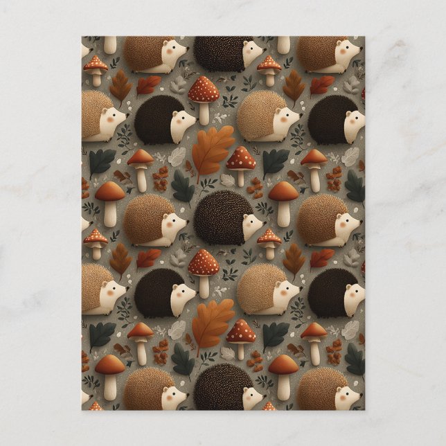 Whimsical Autumn Hedgehog & Mushroom Pattern Postcard (Front)