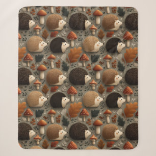 Whimsical Autumn Hedgehog & Mushroom Pattern Sherpa Blanket