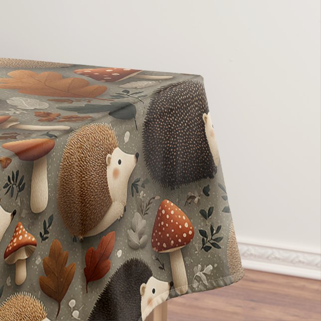 Whimsical Autumn Hedgehog & Mushroom Pattern Tablecloth (In Situ)