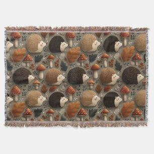 Whimsical Autumn Hedgehog & Mushroom Pattern Throw Blanket
