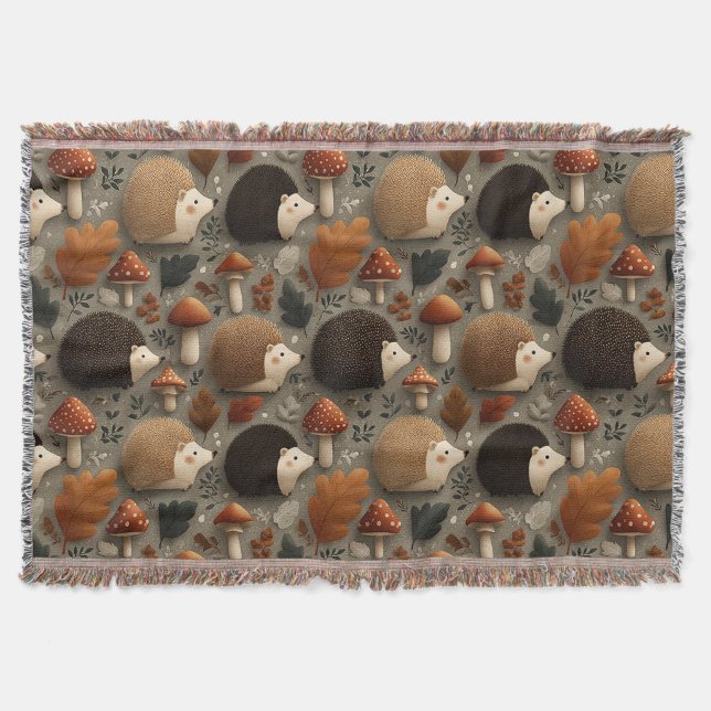 Whimsical Autumn Hedgehog & Mushroom Pattern Throw Blanket (Front)