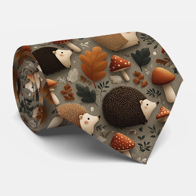 Whimsical Autumn Hedgehog & Mushroom Pattern Tie (Rolled)