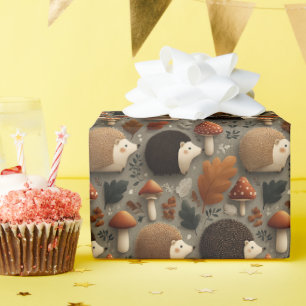 Whimsical Autumn Hedgehog & Mushroom Pattern Wrapping Paper