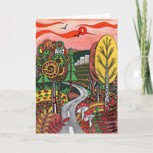 Whimsical Autumn Landscape Folk Art Doodling Greet Card