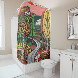 Whimsical Autumn Landscape Folk Art Doodling Showe Shower Curtain