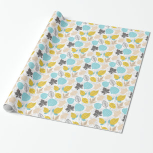 Whimsical Autumn Leaves Pattern Blue and Yellow Wrapping Paper