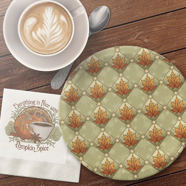 Whimsical Autumn Leaves & Stars Chequered Pattern Paper Plate (Autumn Leaves with Stars Diamond Pattern Paper Plates-With Coordinating Pumpkin Spice Paper Napkins.)